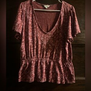 Lucky Brand Rose Mauve Floral V-Neck Peplum Top, Size Large